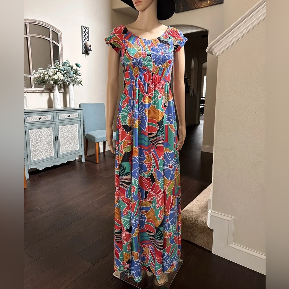 Anthropologie Aakaa Smocked Waist Tropical Multicolor Maxi Dress Sz L